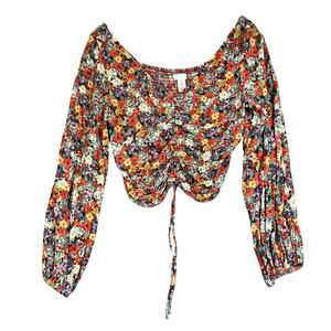 H&M Crop Blouse Large Ditsy Floral Long Sleeve Ruched Smocking Peasant Coquette